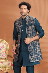 Prussian Blue Silk Embroidered Indo Western Jacket Set